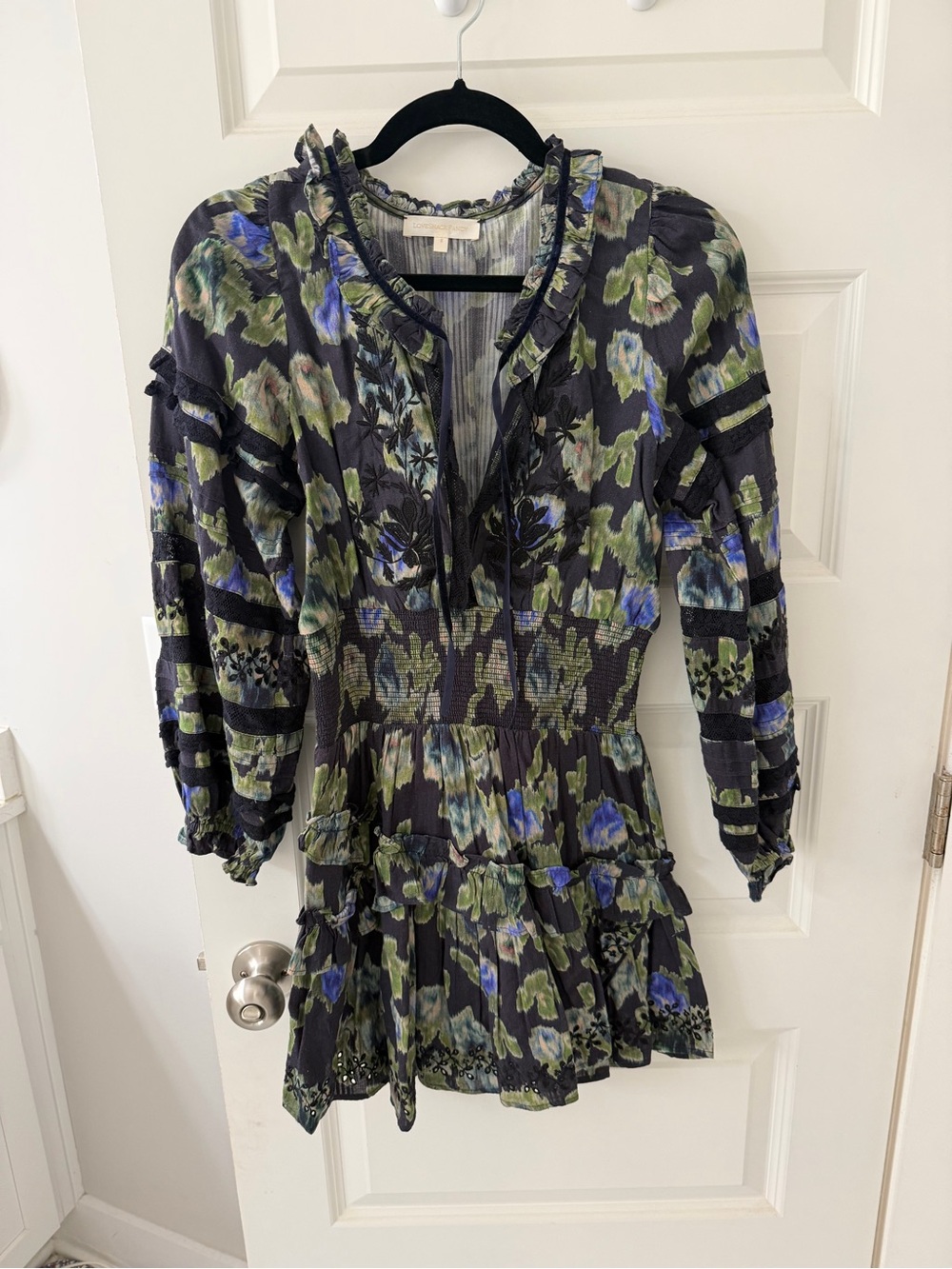 LoveShackFancy Black, Olive & Blue Striped Ruffle Top